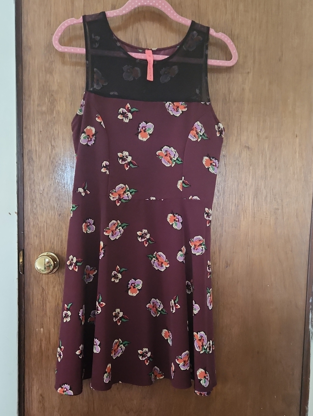 Eight Sixty Burgundy Floral Circle Skater Skirt with Black Mesh Yoke